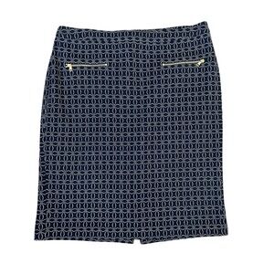 Talbots Navy Blue White Geometric Pencil Skirt Size 10 Cotton Blend Gold Zippers